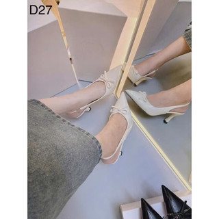 Sandal cao gót 7 phân mũi nhọn nơ nhỏ da bóng