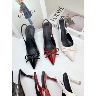 Sandal cao gót 7 phân mũi nhọn nơ nhỏ da bóng