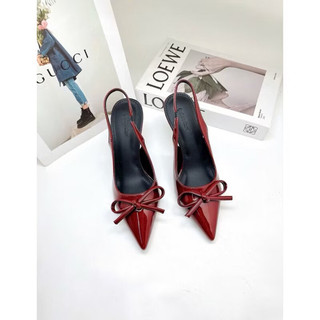 Sandal cao gót 7 phân mũi nhọn nơ nhỏ da bóng