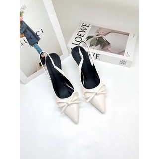 Sandal cao gót 7 phân mũi nhọn nơ nhỏ da bóng