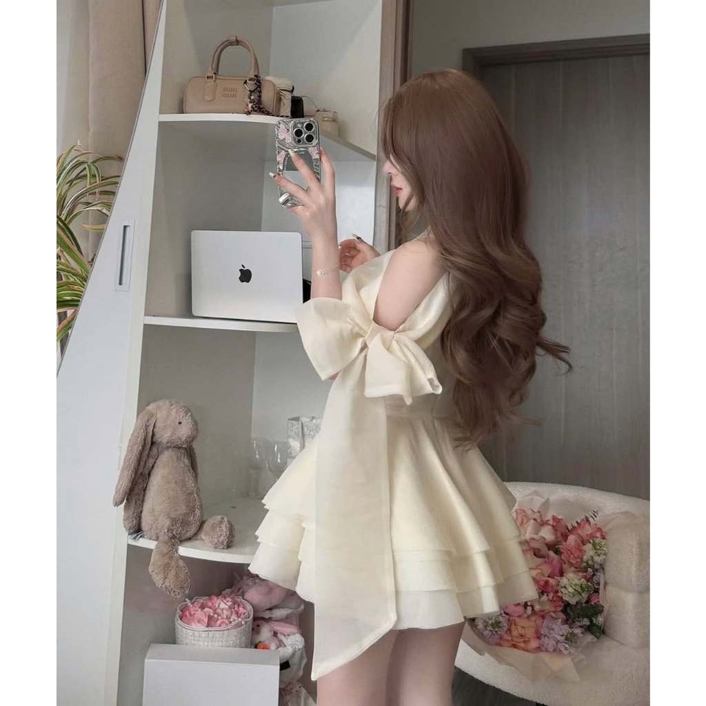 Váy lệch vai buộc nơ vạt tà chiết eo tôn dáng phong cách tiểu thư chất tơ xốp HV970