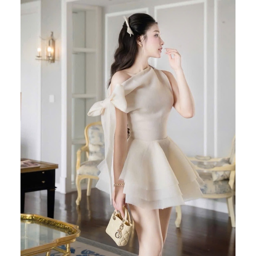 Váy lệch vai buộc nơ vạt tà chiết eo tôn dáng phong cách tiểu thư chất tơ xốp HV970