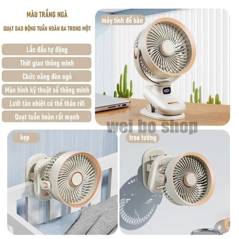 Quạt Mini Xoay tự động tích điện kẹp bàn dùng ở mọi nơi đường kính 7 inch có đèn ngủ Pin 20.000mAh