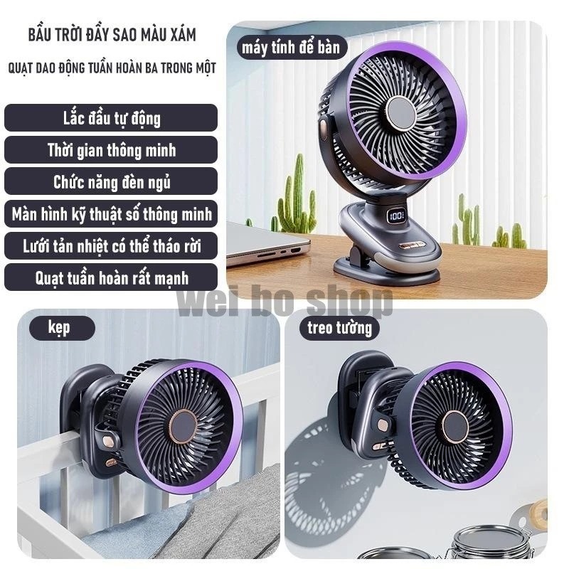 Quạt Mini Xoay tự động tích điện kẹp bàn dùng ở mọi nơi đường kính 7 inch có đèn ngủ Pin 20.000mAh