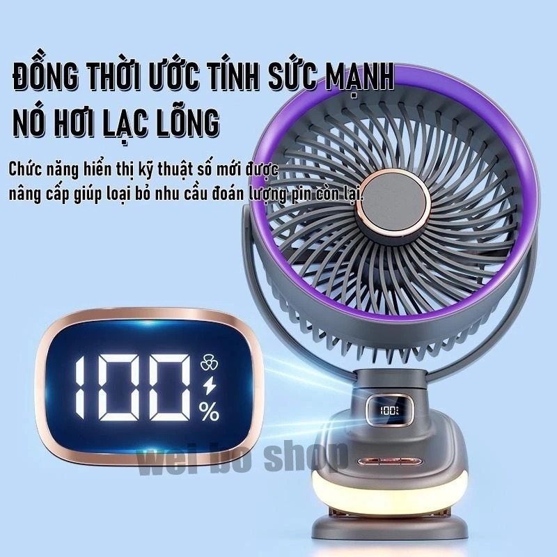 Quạt Mini Xoay tự động tích điện kẹp bàn dùng ở mọi nơi đường kính 7 inch có đèn ngủ Pin 20.000mAh