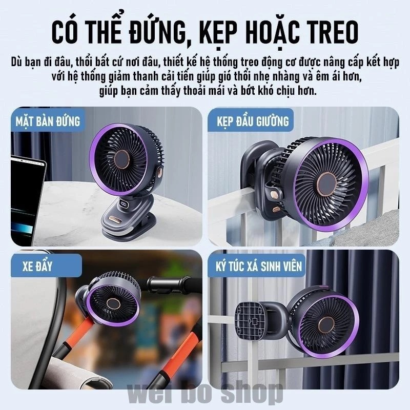 Quạt Mini Xoay tự động tích điện kẹp bàn dùng ở mọi nơi đường kính 7 inch có đèn ngủ Pin 20.000mAh