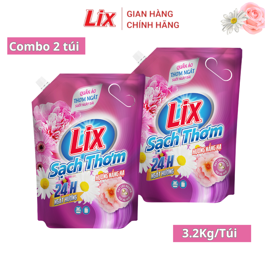 Ảnh Combo 2 túi nước giặt Lix sạch thơm hương nắng hạ 3.2kg 2C-N7303 chứa hạt lưu hương thơm hơn Lixco Việt Nam 3