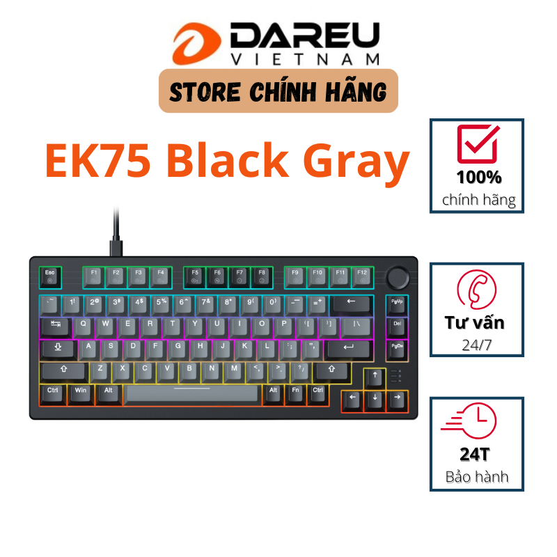 Bàn phím cơ gaming DareU EK75 Grey Black có núm xoay và đèn RGB