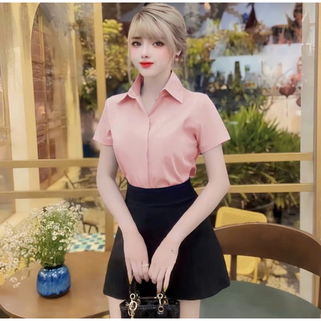 Áo Sơ Mi Nữ Công Sở Bigsize ESHOP - Áo Sơ Mi Tay Ngắn Chất Lụa Cổ Polo MS4020 Dấu Khuy Cúc