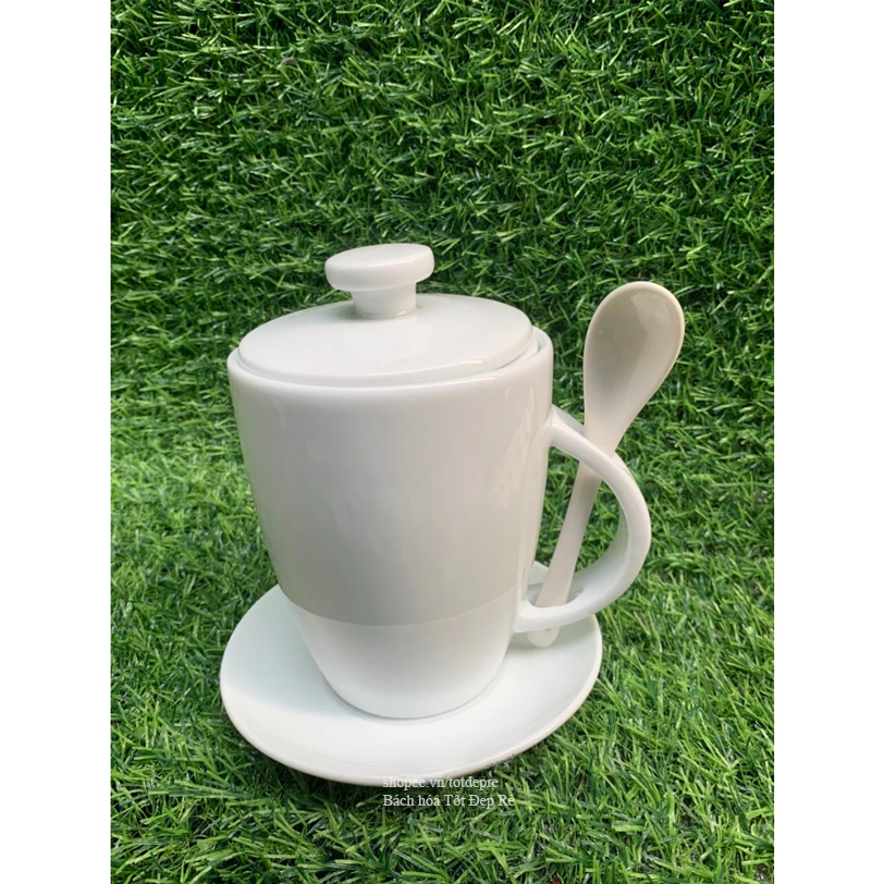 Set Ly sứ kèm thìa nắp đĩa lót cốc sang trọng tiện dụng - Hàng Bát Tràng chuẩn dày dặn men đẹp