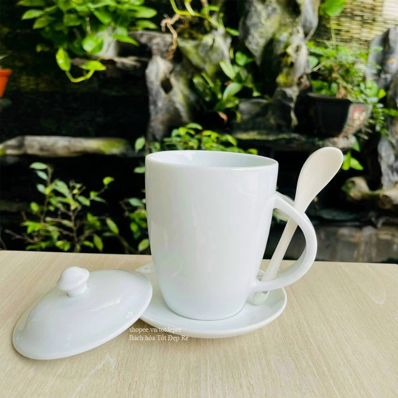 Set Ly sứ kèm thìa nắp đĩa lót cốc sang trọng tiện dụng - Hàng Bát Tràng chuẩn dày dặn men đẹp