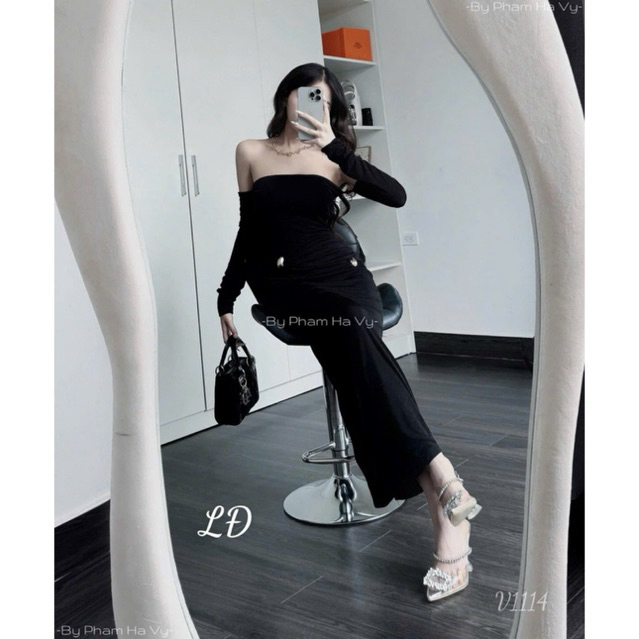 Đầm body nhúng trễ vai dáng dài chất co giãn