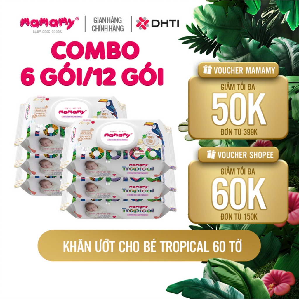 Ảnh Khăn ướt cao cấp cho bé Mamamy Tropical gói 60 tờ 100% sợi tự nhiên và rayon ngừa hăm, mềm dai sạch cực 2