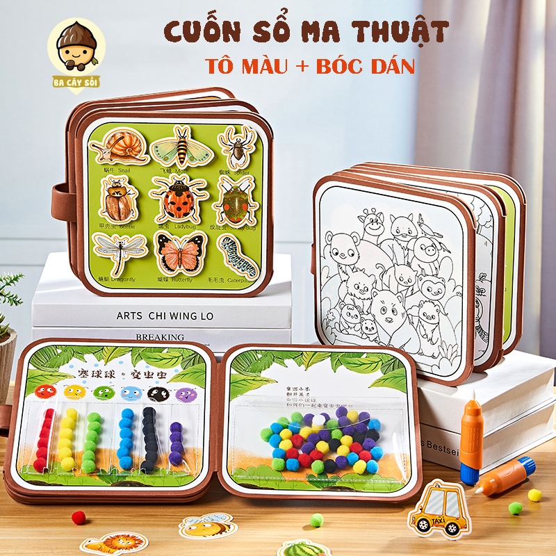 Đồ chơi tranh tô màu nước ma thuật kèm học liệu bóc dán nhiều chủ đề cho bé bộ tập vẽ tranh màu nước trẻ em