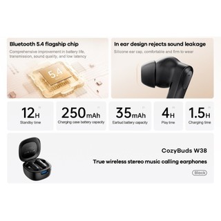 Tai nghe Bluetooth TWS Remax Cozybuds W38 V5.4, pin dùng 4H (Đen)