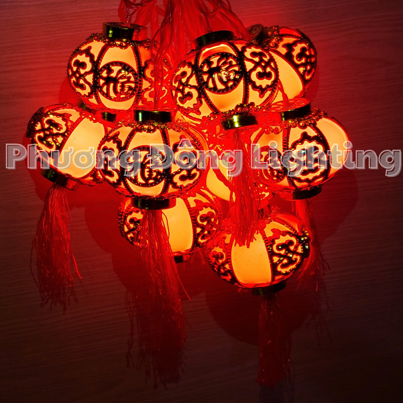 Lồng Đèn LED Tròn Dài Viền vàng - Đèn rèm lồng đèn Trang trí Lễ - Tết 5m - 10 bóng