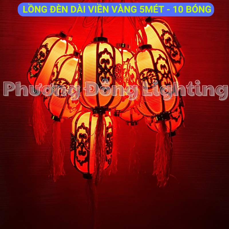 Lồng Đèn LED Tròn Dài Viền vàng - Đèn rèm lồng đèn Trang trí Lễ - Tết 5m - 10 bóng