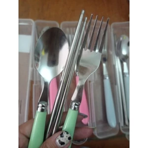 Bộ muỗng đũa nĩa Inox tay cầm hộp đựng nhựa trong suốt - Bộ đũa thìa inox