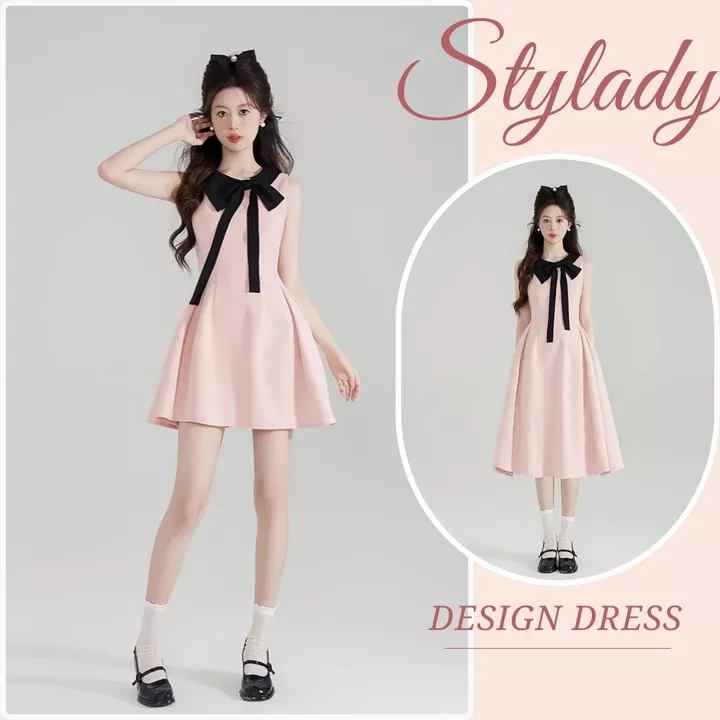 Đầm hồng sát nách StyLady, thắt nơ, đầm nữ , Váy đi tiệc , Đầm nữ tính ngọt ngào , Đầm thiết kế