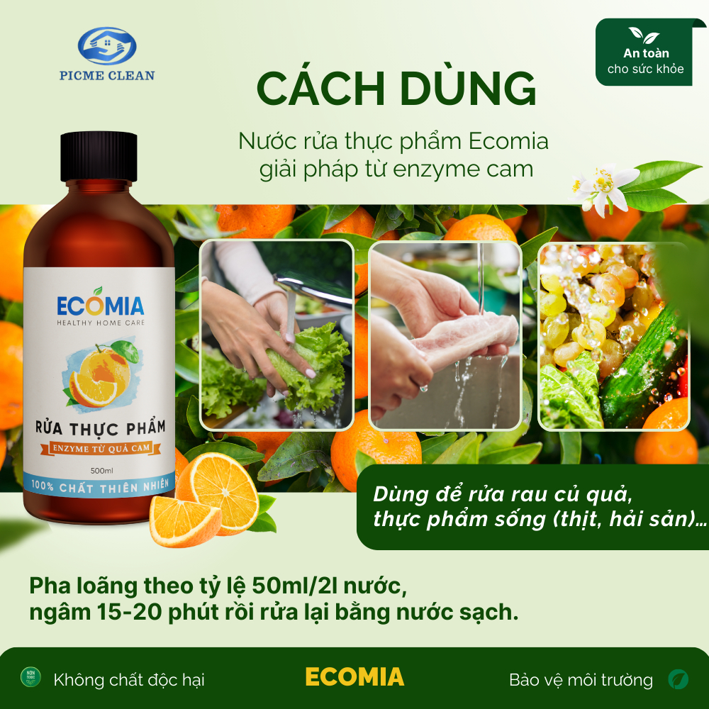 Nước Ngâm Rửa Rau Củ Quả Sinh Học ECOMIA Làm Sạch Thực Phẩm 100% Enzyme Từ Quả Cam