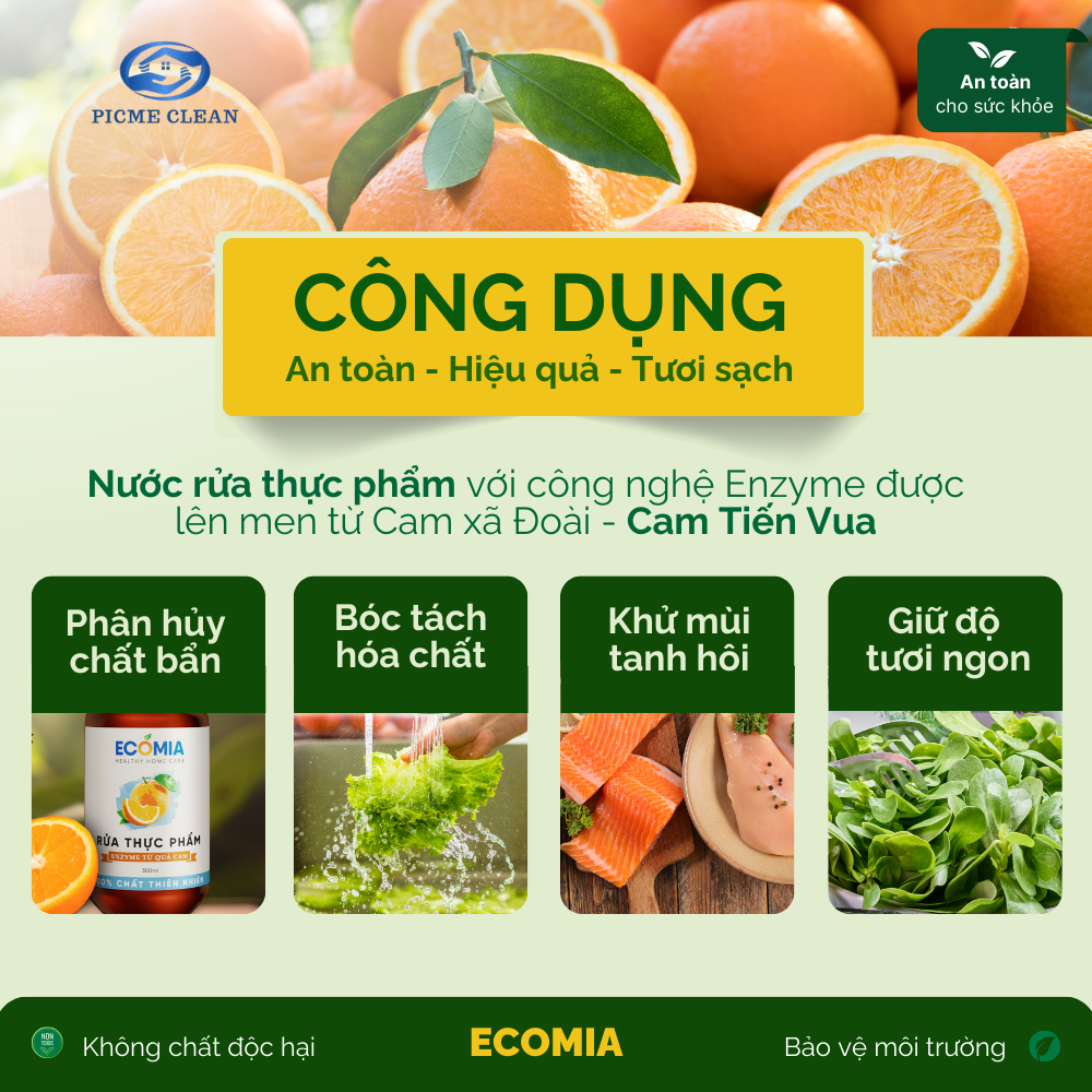 Nước Ngâm Rửa Rau Củ Quả Sinh Học ECOMIA Làm Sạch Thực Phẩm 100% Enzyme Từ Quả Cam