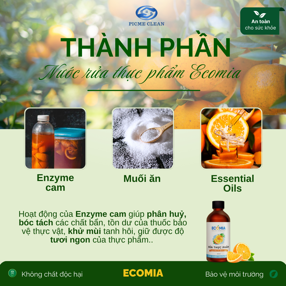 Nước Ngâm Rửa Rau Củ Quả Sinh Học ECOMIA Làm Sạch Thực Phẩm 100% Enzyme Từ Quả Cam
