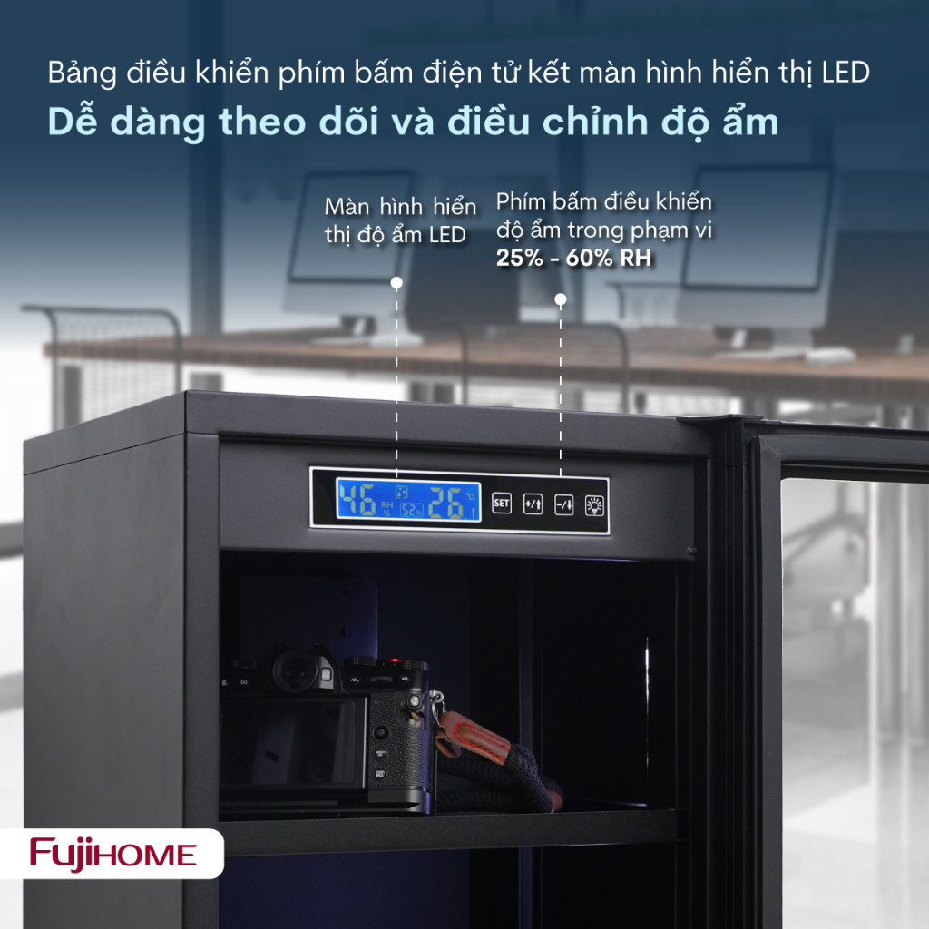 Tủ chống ẩm nhập khẩu FUJIHOME 50L DC-50E, Tủ hút ẩm máy ảnh ống kính điện tử - màn hình led có đèn