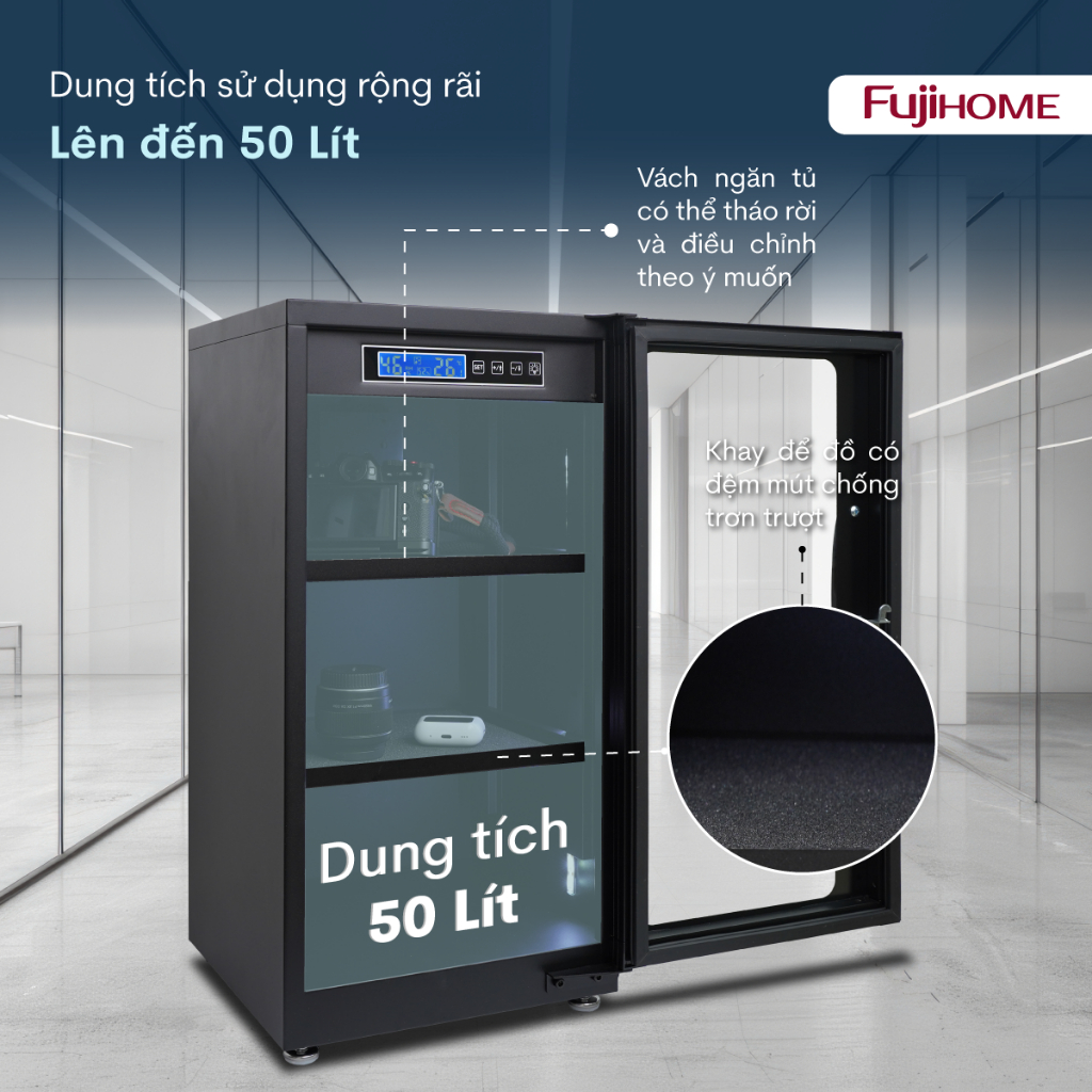Tủ chống ẩm nhập khẩu FUJIHOME 50L DC-50E, Tủ hút ẩm máy ảnh ống kính điện tử - màn hình led có đèn
