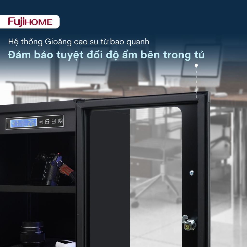 Tủ chống ẩm nhập khẩu FUJIHOME 50L DC-50E, Tủ hút ẩm máy ảnh ống kính điện tử - màn hình led có đèn