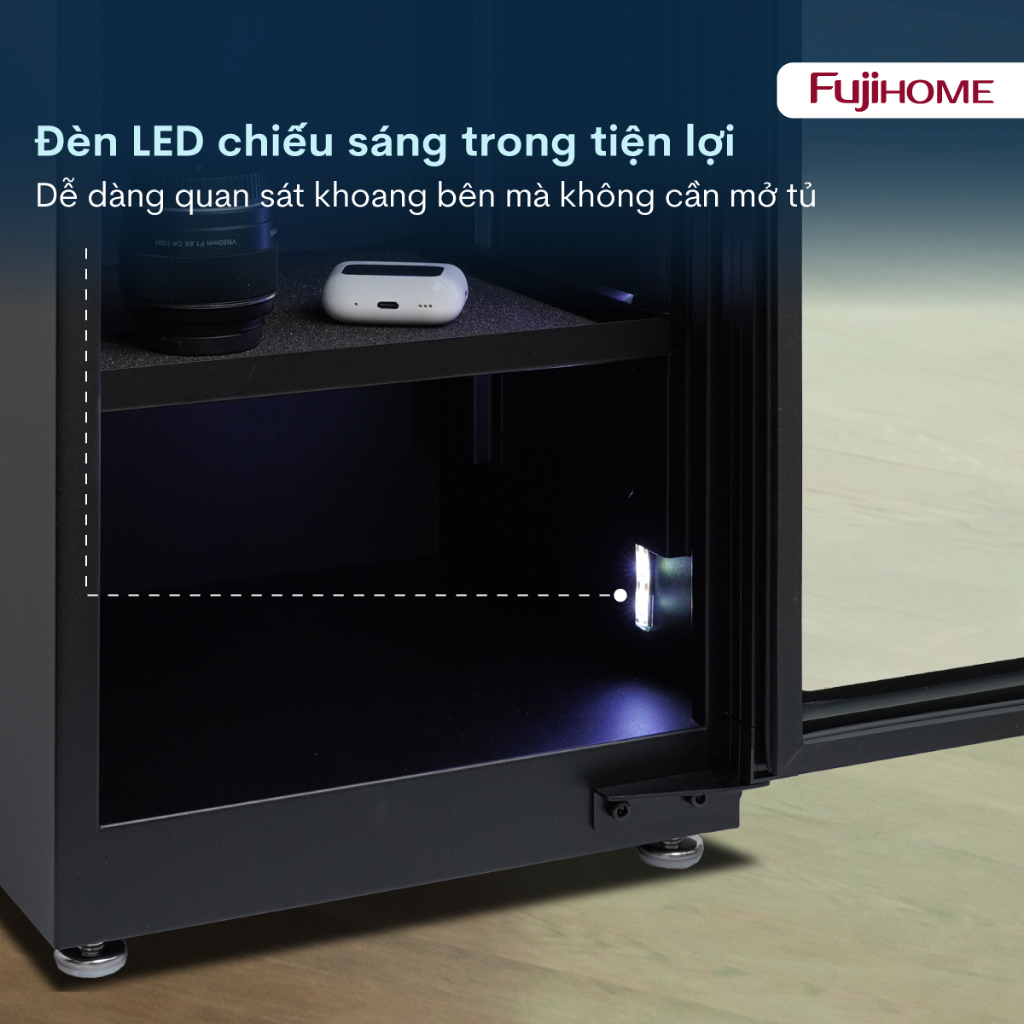 Tủ chống ẩm nhập khẩu FUJIHOME 50L DC-50E, Tủ hút ẩm máy ảnh ống kính điện tử - màn hình led có đèn
