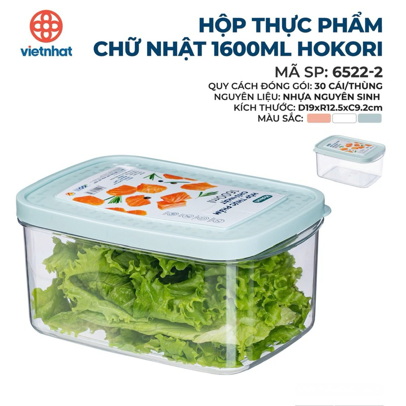 Combo 9 hộp thực phẩm chữ nhật loại đẹp Hokori (MS:6522) Việt Nhật, Hộp bảo quản thức ăn 900ml-1600ml-2800ml