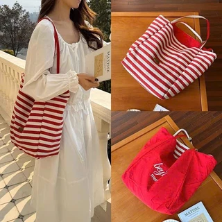 Túi vải kẻ sọc Tea Party Hàn Quốc Túi tote phong cách lười biếng Túi đeo vai thường ngày dung tích lớn cho học sinh Nữ