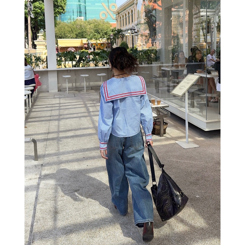 Ảnh TheBlueTshirt - Áo kiểu kẻ sọc caro cổ thuỷ thủ viền ren zigzag cho nữ - School Girl Shirt - Women 4