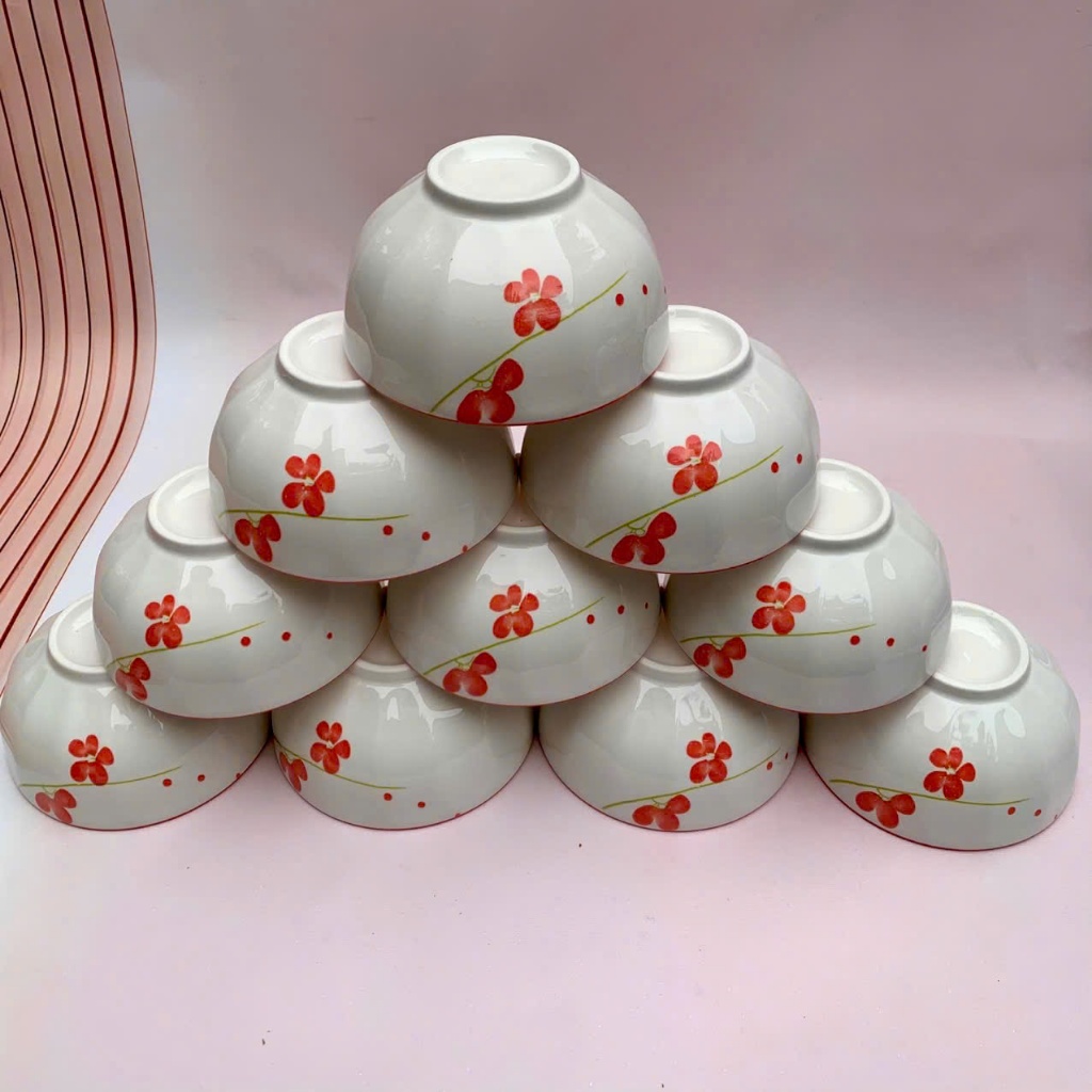 Set đĩa bát ăn cơn họa tiết 4D  - Bộ 10 bát ăn cơm sứ trắng ngọc hoa đẹp sang trọng- Chén sứ ăn cơm