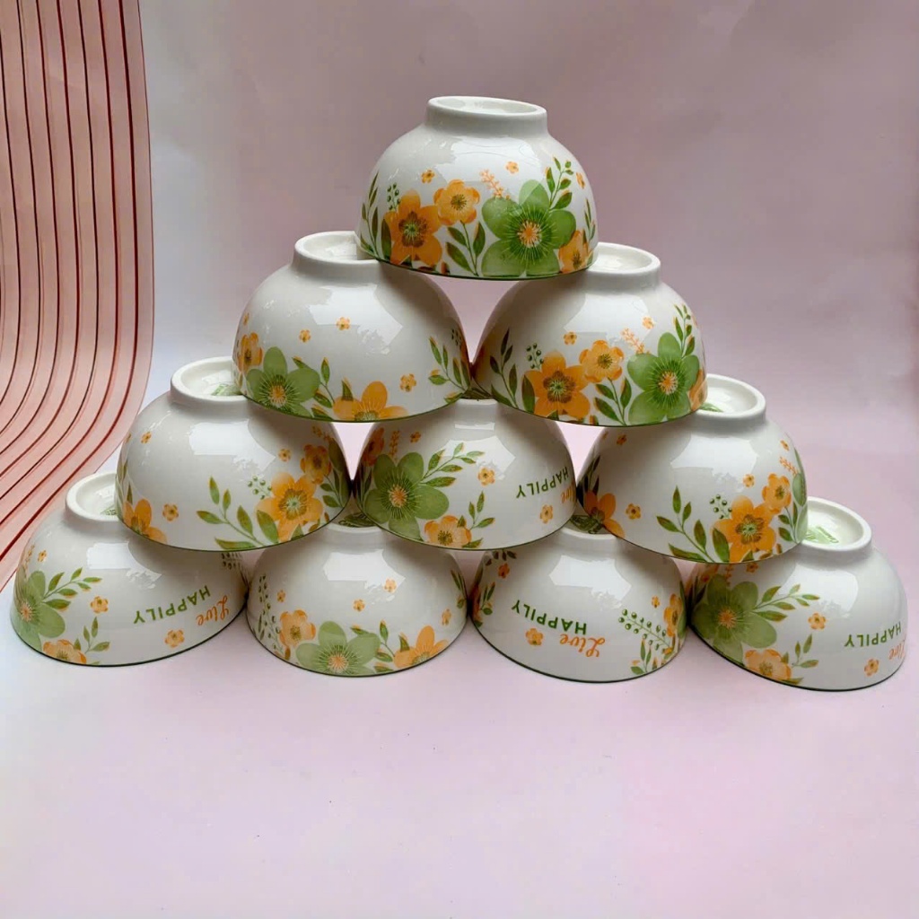 Set đĩa bát ăn cơn họa tiết 4D  - Bộ 10 bát ăn cơm sứ trắng ngọc hoa đẹp sang trọng- Chén sứ ăn cơm