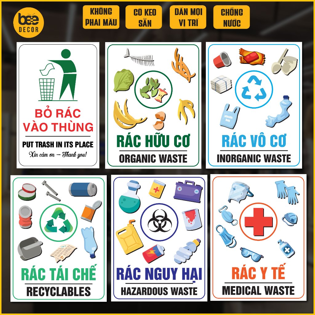 Decal Bỏ Rác Vào Thùng, Phân Loại Rác chống nước dán quán ăn, cà phê ...