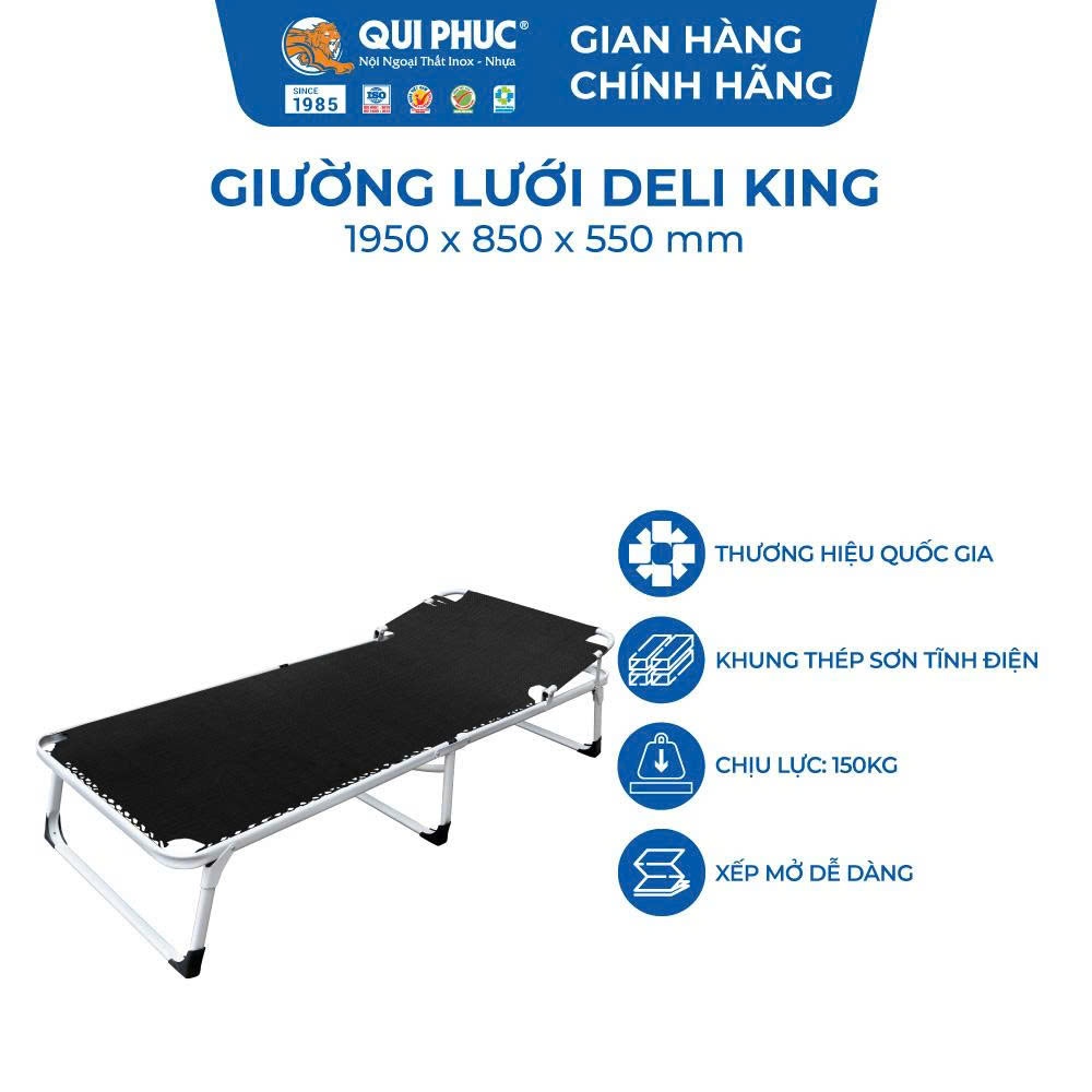 Giường gấp gọn Deli King QUI PHÚC, vải lưới cao cấp, thoáng khí, đàn hồi tốt, khung thép chắc chắn