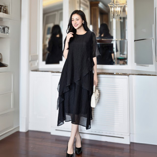 SWANLAKE | Váy Đầm Nữ Suông Vạt Chéo Tay Lỡ Chất Tơ Xốp Nhiều Tầng Phồng Lót Lụa Hàn Dự Tiệc D12062