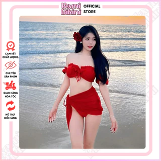 Bikini đi biển tay phồng trễ vai dây buộc màu đỏ sexy . Đồ bơi nữ đi biển quyến rũ sẵn đệm mút fs <55kg - Mã H15