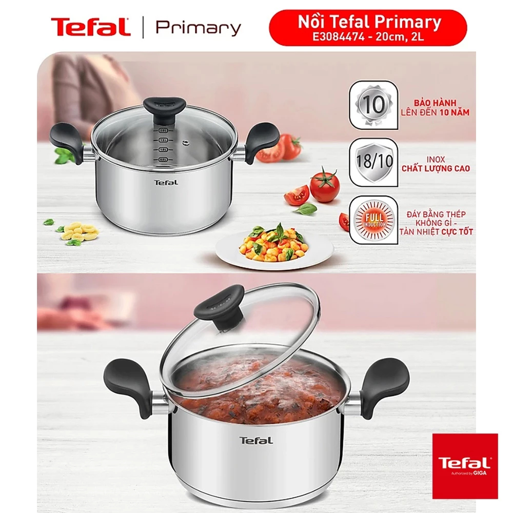 Nồi inox Tefal Primary 20cm (E3084435) - Sử dụng cho mọi loại bếp - Bảo hành chính hãng 24 tháng