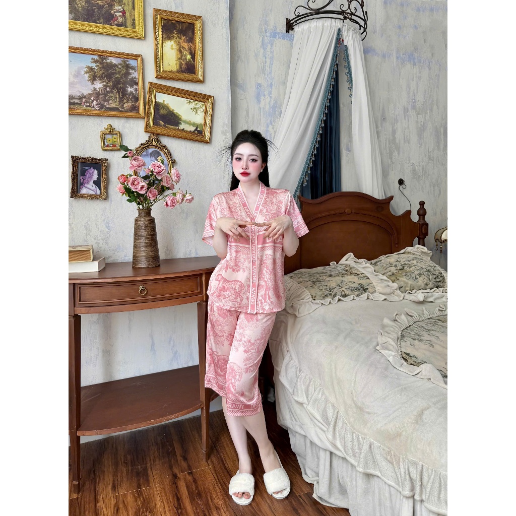 Bộ ngủ nữ cổ Y lửng chất liệu lụa latin thoáng mát thấm hút mồ hôi tốt, mềm mại S1235 họa tiết