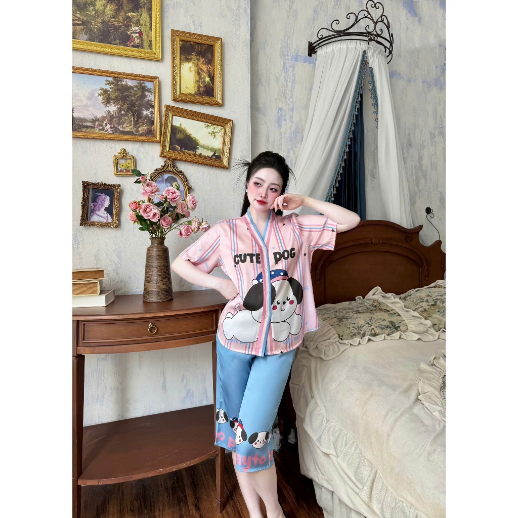 Bộ ngủ nữ cổ Y lửng chất liệu lụa latin thoáng mát thấm hút mồ hôi tốt, mềm mại S1235 họa tiết