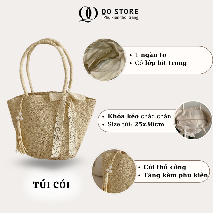 [MỞ BÁN]Combo Túi Mũ Cói Đi Biển Phối Ren Nơ Xinh Xắn Cho Nữ Phong Cách Sang Trọng Thanh Lịch T17M17A QO STORE