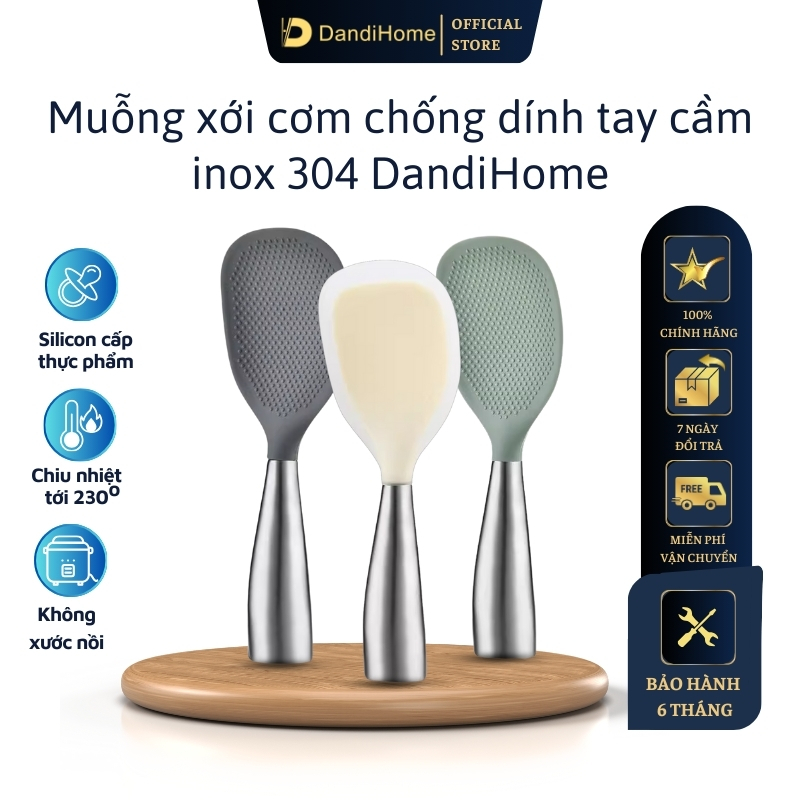 Muỗng xới cơm giảm bám dính, silicon chịu nhiệt 230 độ, tay cầm inox 304 DandiHome