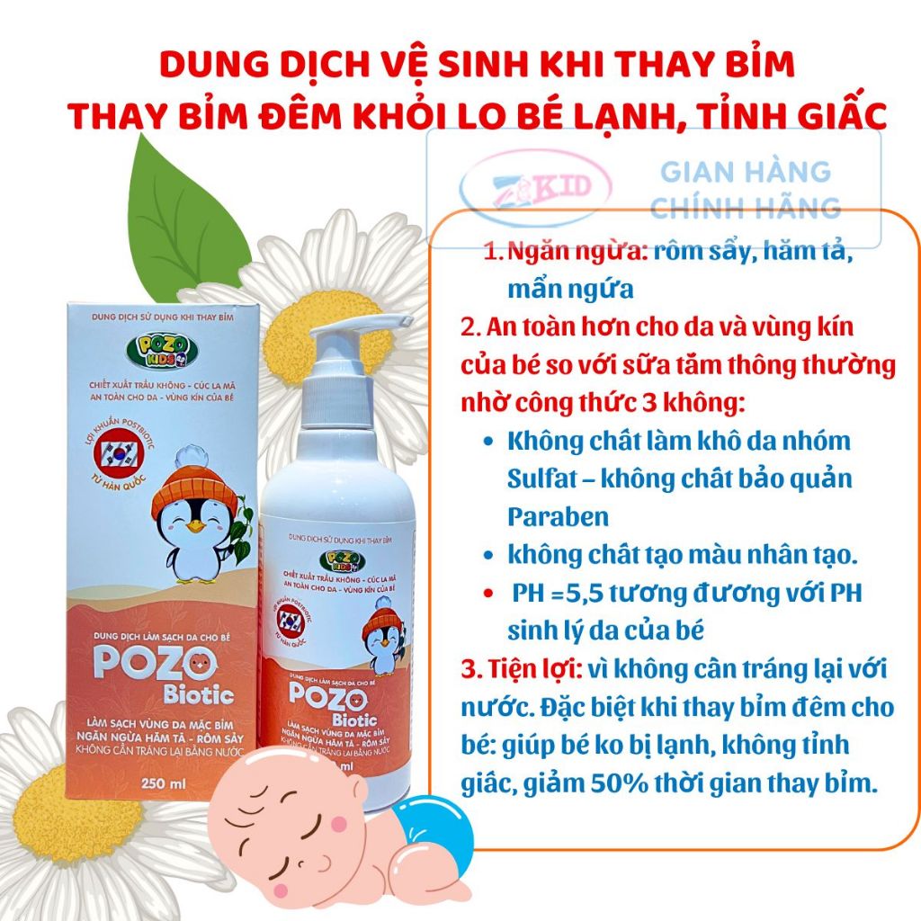Dung dịch thay bỉm cho bé Pozo Biotic, không cần tráng nước, làm sạch, ngừa hăm hiệu quả 250ML