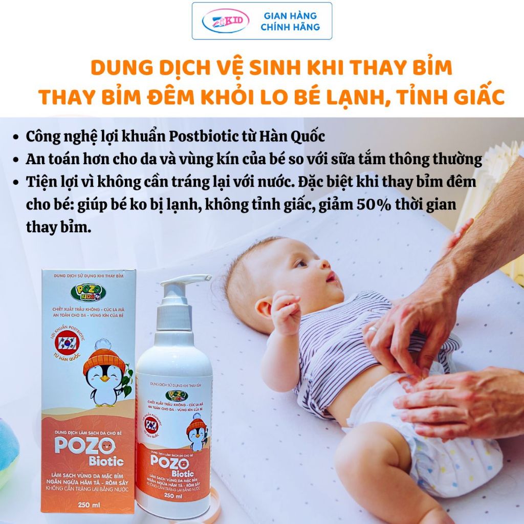 Dung dịch thay bỉm cho bé Pozo Biotic, không cần tráng nước, làm sạch, ngừa hăm hiệu quả 250ML