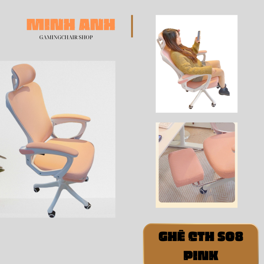 Ghế Công thái học màu hồng - Mã TMS08 có kê chân, kê đầu - ghế gaming ...