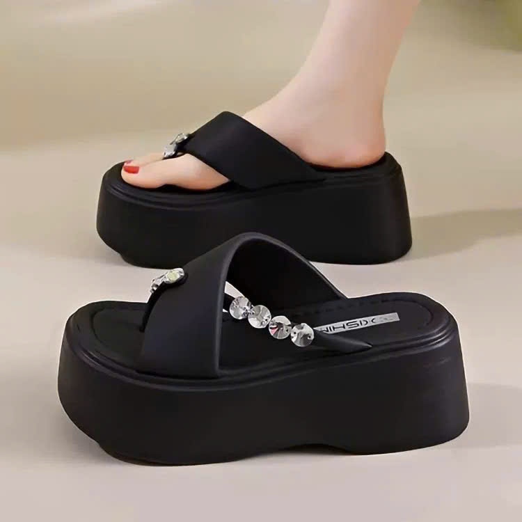 Dép nữ đính đá 7cm đế xuồng quai chéo thời trang