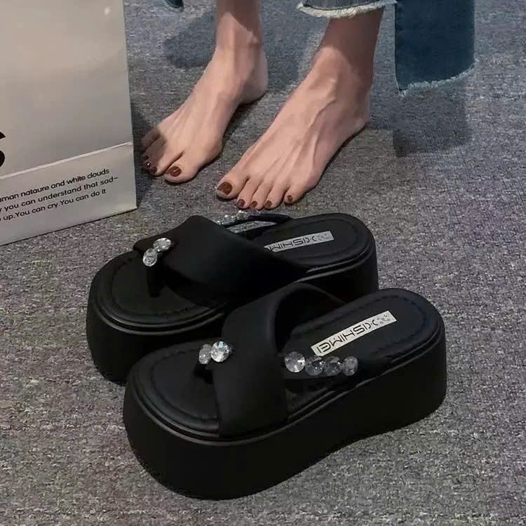 Dép nữ đính đá 7cm đế xuồng quai chéo thời trang