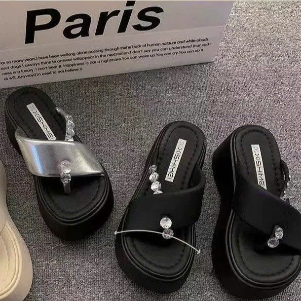 Dép nữ đính đá 7cm đế xuồng quai chéo thời trang
